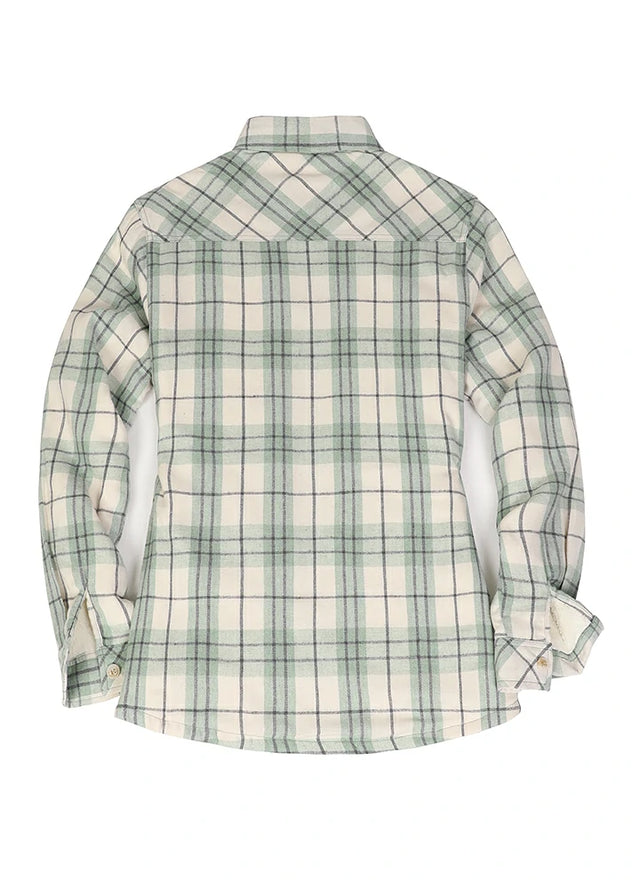 Back view of womens green white plaid long-sleeves flannel shacket