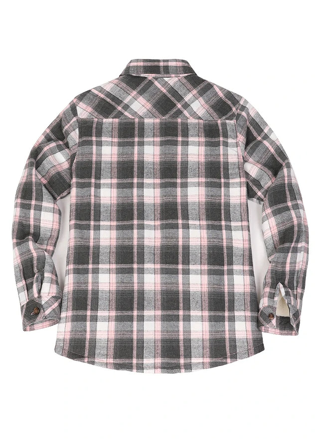 Back view of womens pink gray plaid long-sleeves flannel shacket