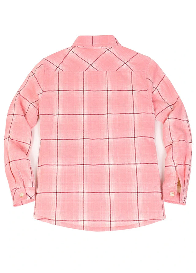 Back view of womens pink plaid long-sleeves flannel shacket