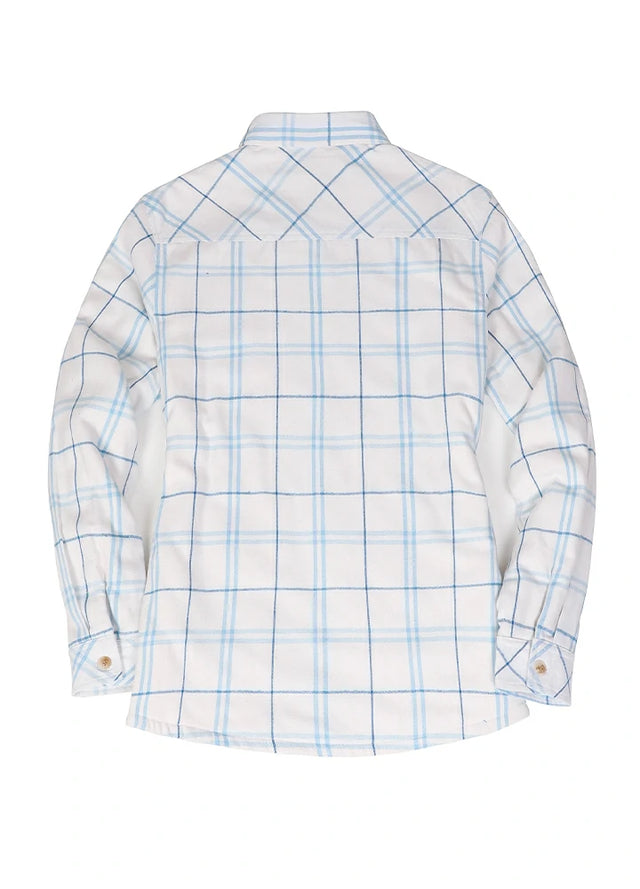 Back view of women's white and blue sherpa lined flannel plaid shacket