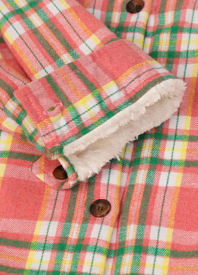 Close-up of the cuffs on a women's long-sleeve pink flannel jacket for winter