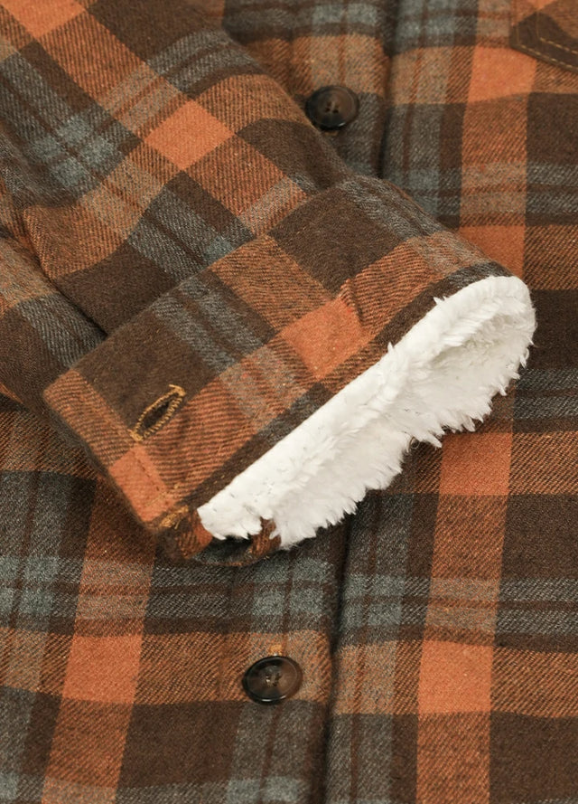 Zoomed-in view of the cuff on a womens button down chocolate flannel jacket