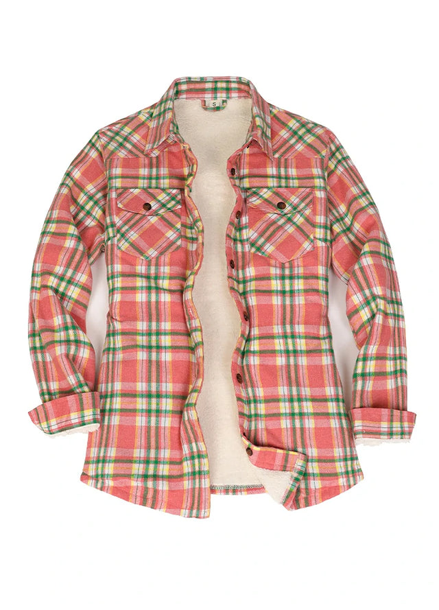 Long-sleeve sherpa-lined pink flannel jacket for women