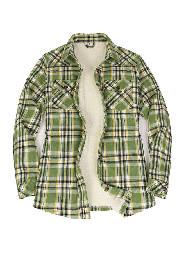 Front view of womens sherpa lined forest green plaid flannel jacket