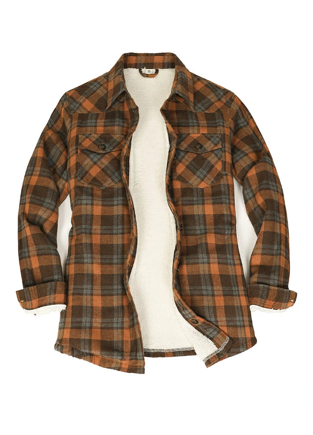 Front view of womens sherpa lined chocolate plaid flannel jacket