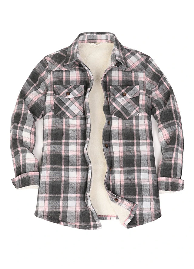 Front view of womens sherpa lined pink gray plaid flannel jacket