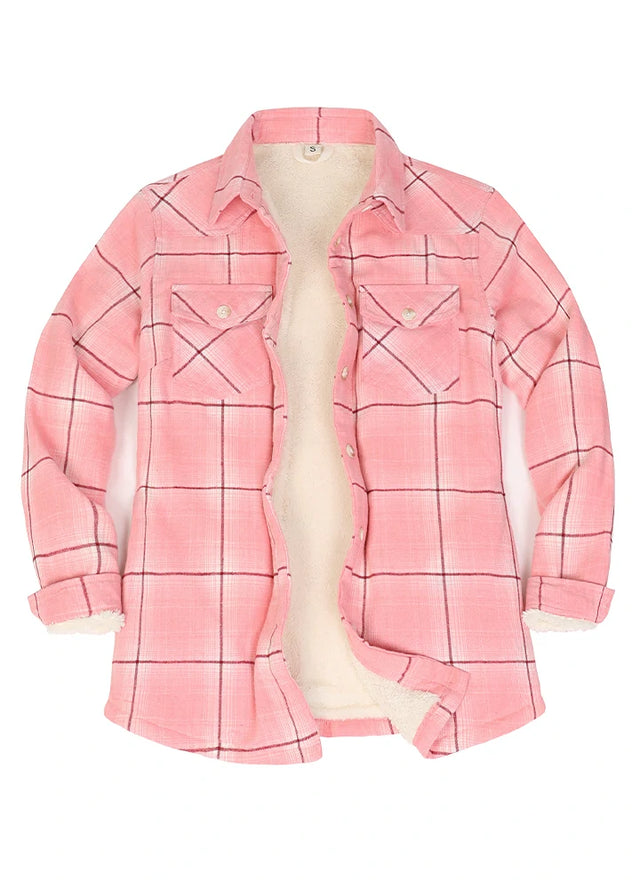 Front view of womens sherpa lined pink plaid flannel jacket