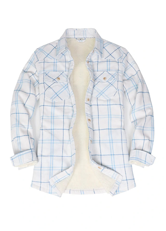 Long-sleeve sherpa-lined white and blue flannel jacket for women