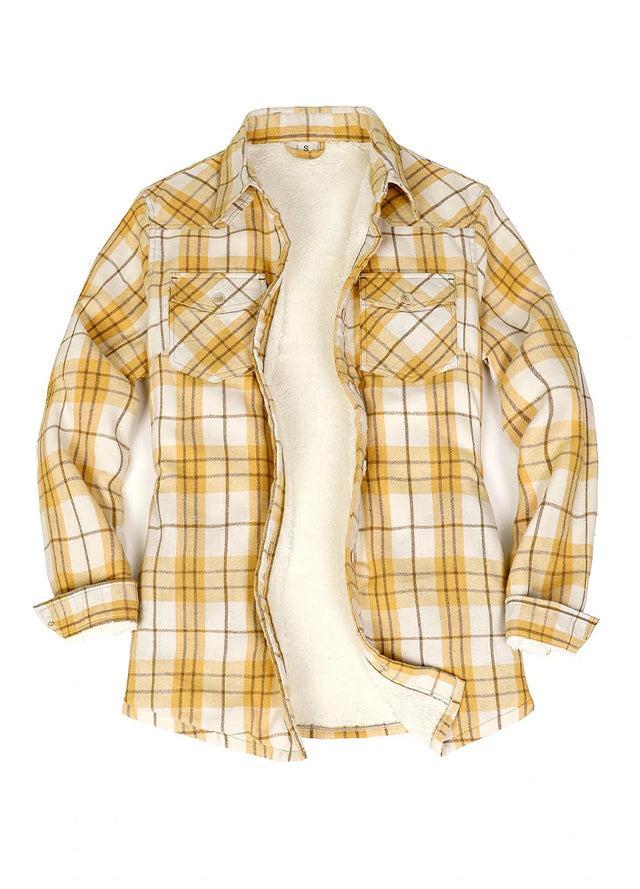 Front view of womens sherpa lined khaki yellow plaid flannel jacket