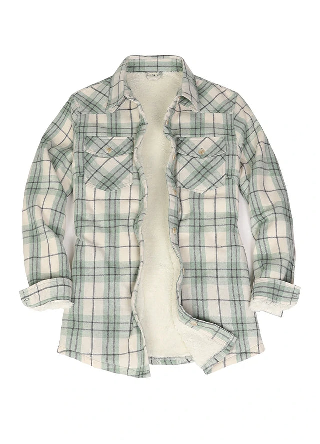 Front view of womens sherpa lined green white plaid flannel jacket