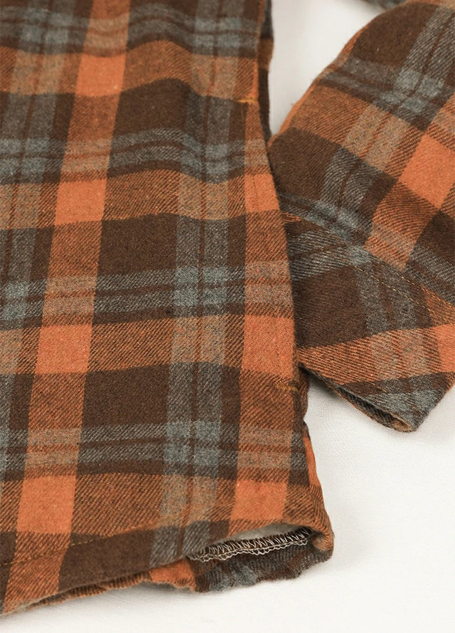 Detailed view of women's chocolate sherpa-lined flannel shacket hand pocket