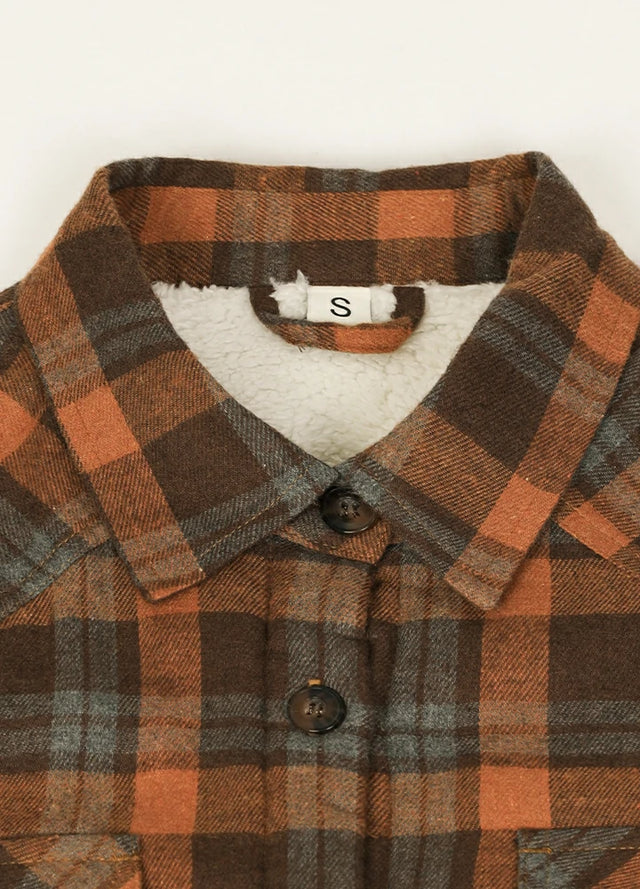 Close-up of the collar on a women's sherpa-lined chocolate flannel shirt jacket