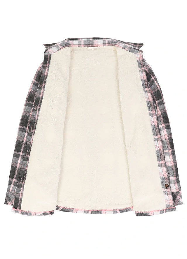 Front open view of women's button down pink gray flannel shirt jacket