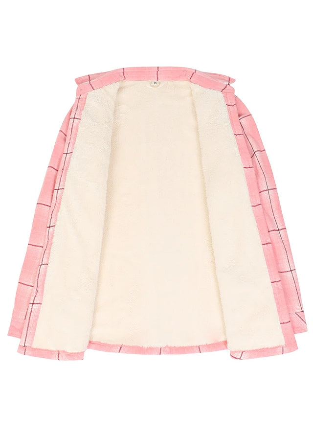 Front open view of women's button down pink flannel shirt jacket