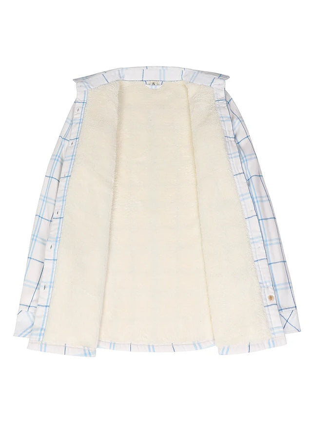 Front view of a womens white and blue flannel jacket, opened