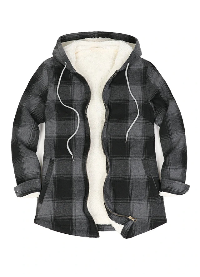 Women's Sherpa-Lined Flannel Jacket Full Zip Up Hooded Plaid Shirt