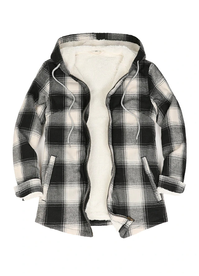 Women's Sherpa-Lined Flannel Jacket Full Zip Up Hooded Plaid Shirt
