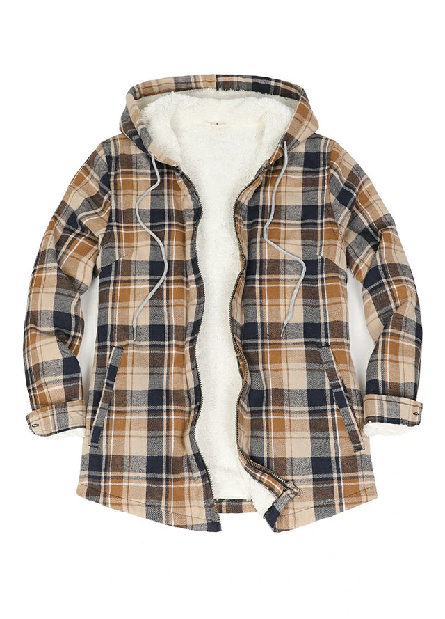 Women's Sherpa-Lined Flannel Jacket Full Zip Up Hooded Plaid Shirt