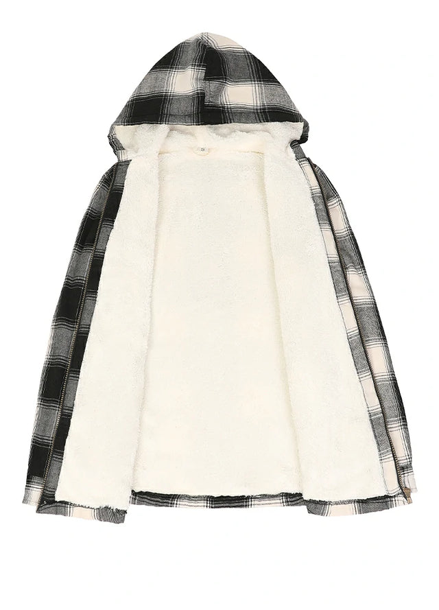 Women's Sherpa-Lined Flannel Jacket Full Zip Up Hooded Plaid Shirt