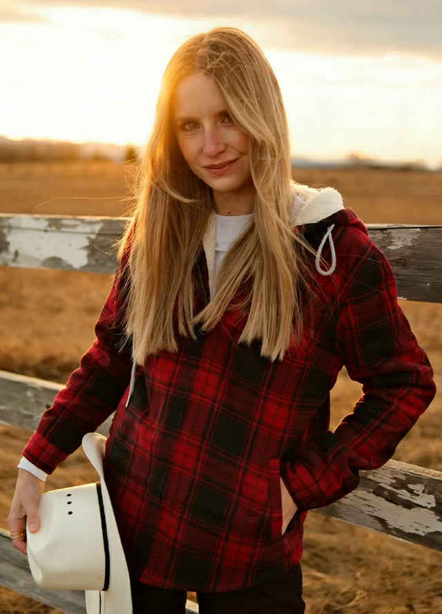 Women's Sherpa-Lined Flannel Jacket Full Zip Up Hooded Plaid Shirt
