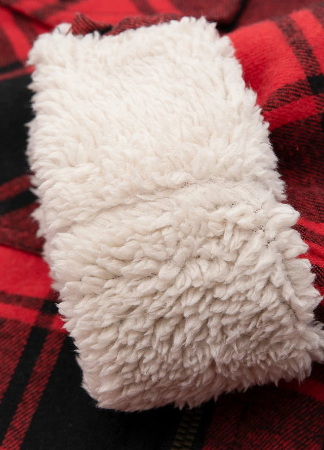 Boys' Hooded Flannel Jacket with Red and Black Sleeves and Sherpa Lining