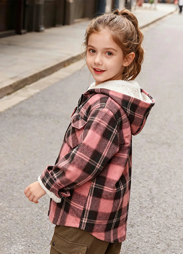 Girls Sherpa Lined Full Zip Plaid Flannel Shirt, Hooded Flannel Jacket