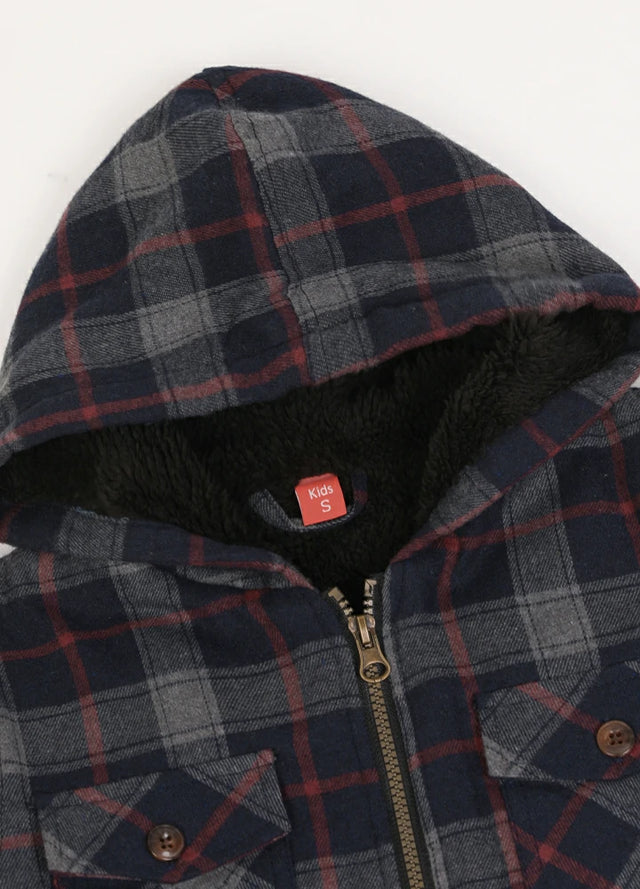 Boys Full Zip Up Sherpa Lined Plaid Flannel Jacket