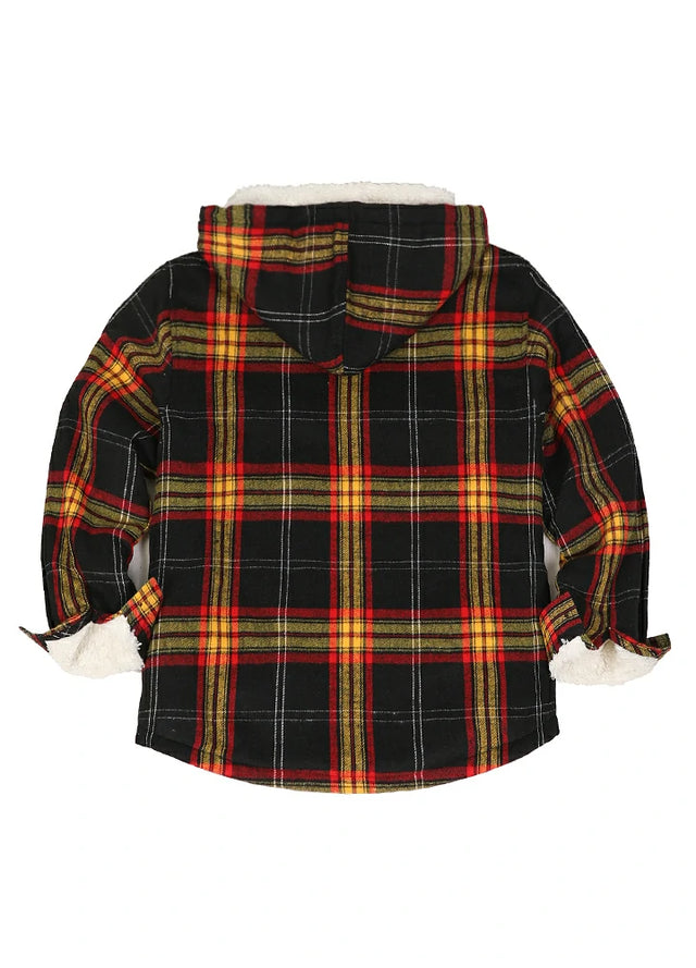 Close-up of the back of the boys yellow black flannel jacket