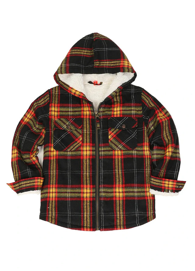 Front view of boys yellow black flannel jacket with hood standing up