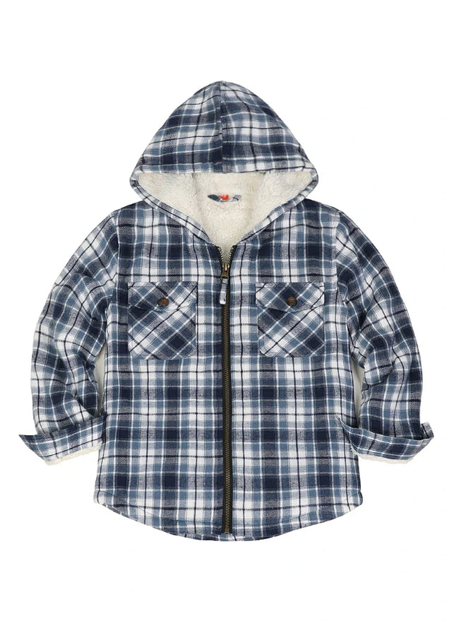 Front view of boys blue and white flannel jacket with hood standing up