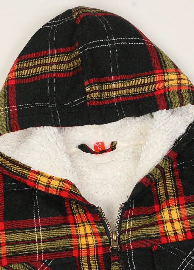 Close-up of hood on boys yellow black flannel jacket