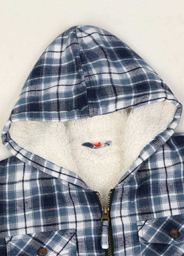 Close-up of hood on the back of boys blue and white flannel jacket