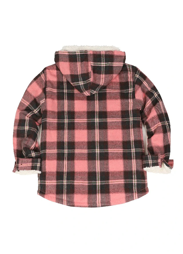 Back view of girls pink black full zip plaid flannel jacket