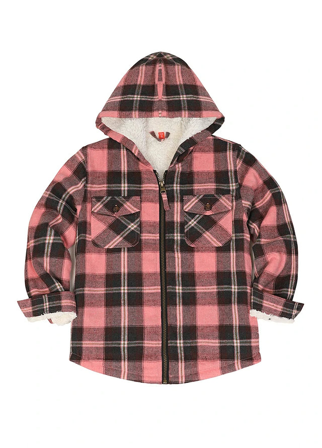 Front view of girls pink black hooded flannel jacket