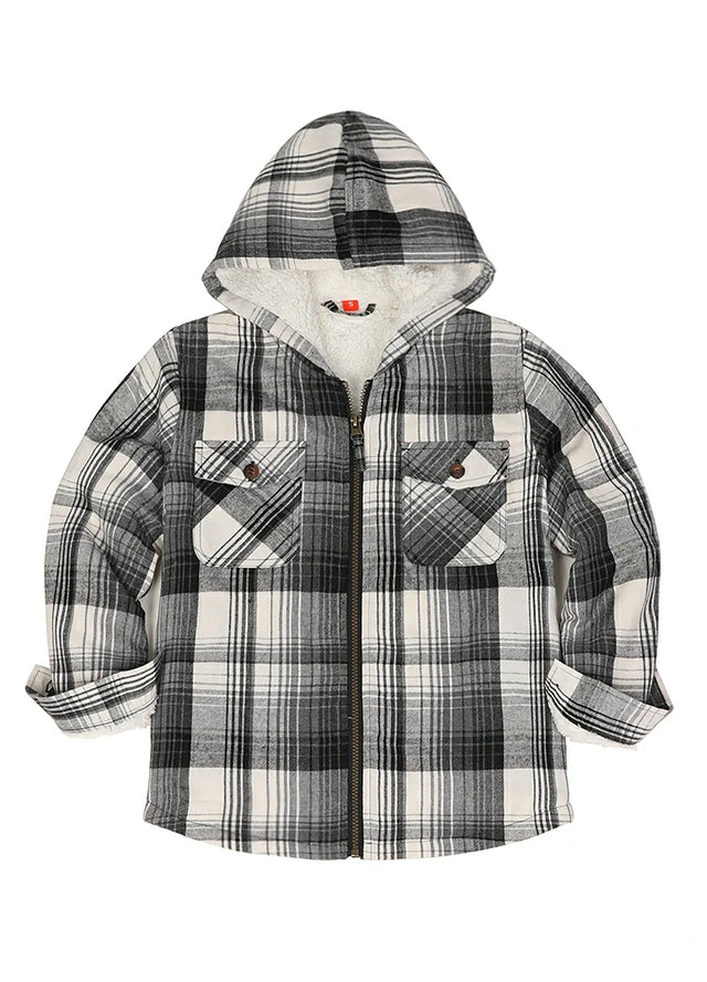 Front view of boys black and white flannel jacket with hood