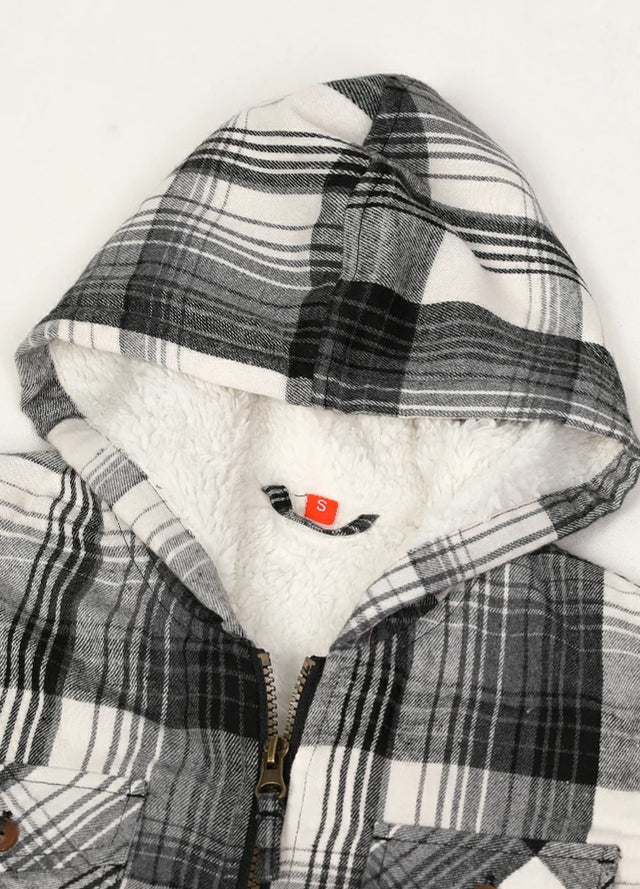 Zoomed-in view of boys flannel jacket with a cozy hood