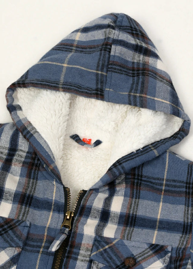 Zoomed-in view of soft hood on a boys navy blue flannel jacket