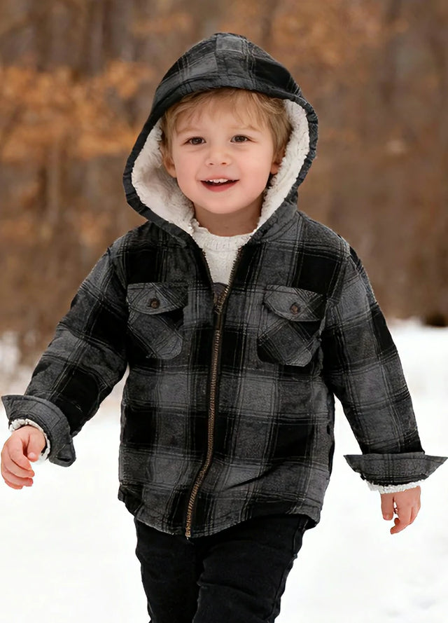 Unisex Sherpa-Lined Plaid Flannel Shacket for Toddler,Full Zip Up