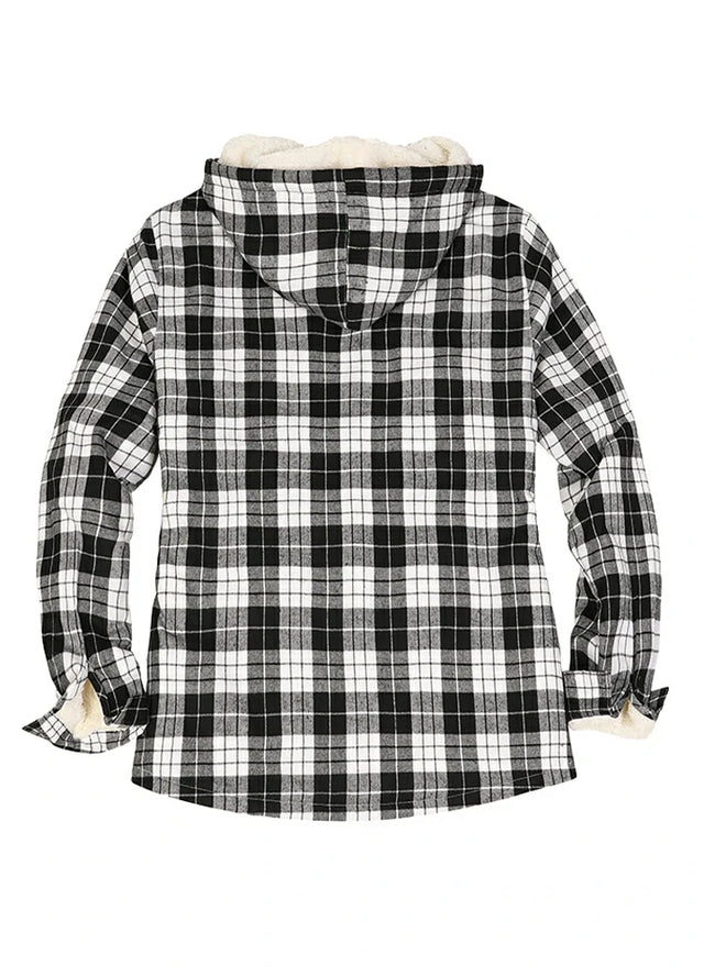 Back view of a women's zip up black white plaid flannel jacket with hood