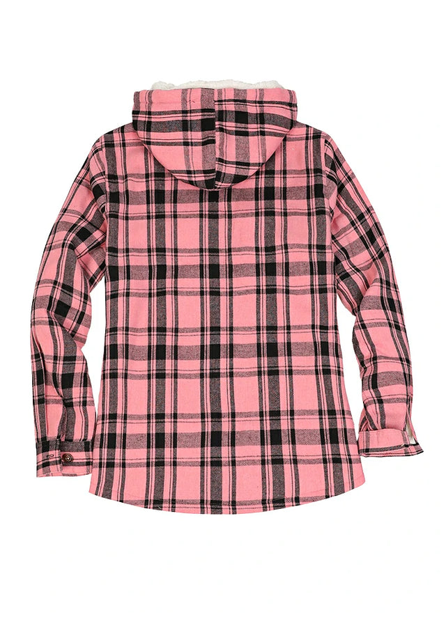 Back view of a women's zip up pink plaid flannel jacket with hood