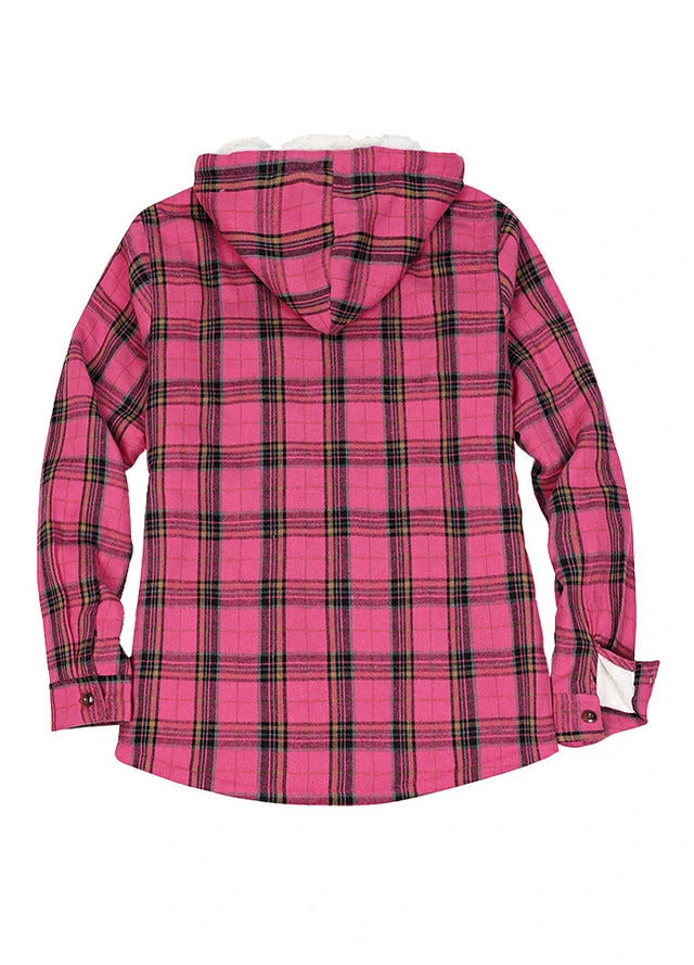 Back view of a women's zip up rose red plaid flannel jacket with hood
