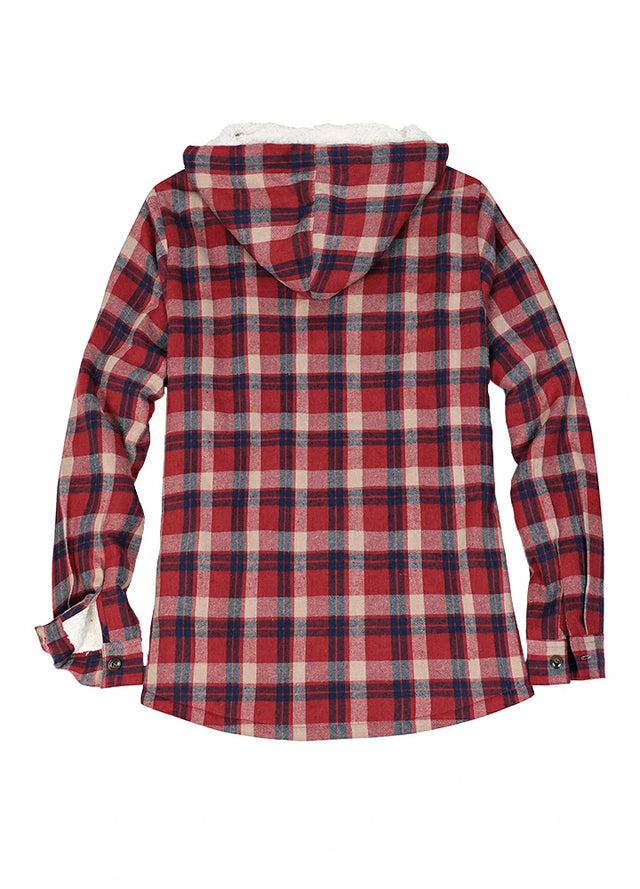 Back view of a women's zip up burgundy plaid flannel jacket with hood