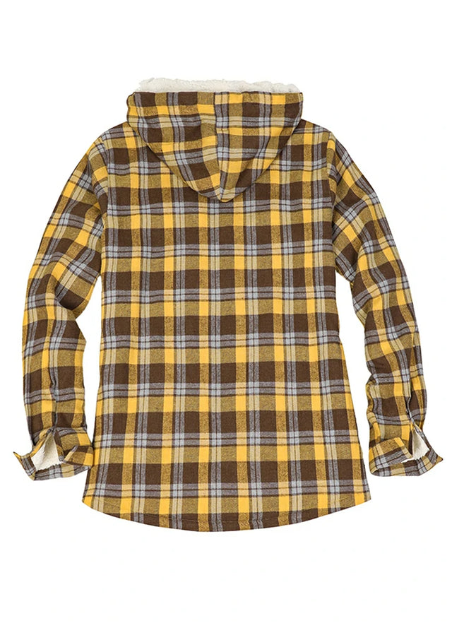 Back view of a women's zip up yellow plaid flannel jacket with hood