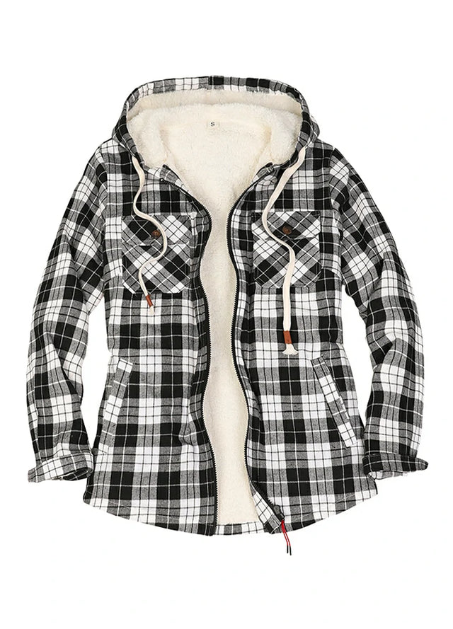 Front view of a women's sherpa lined black white plaid flannel hooded jacket