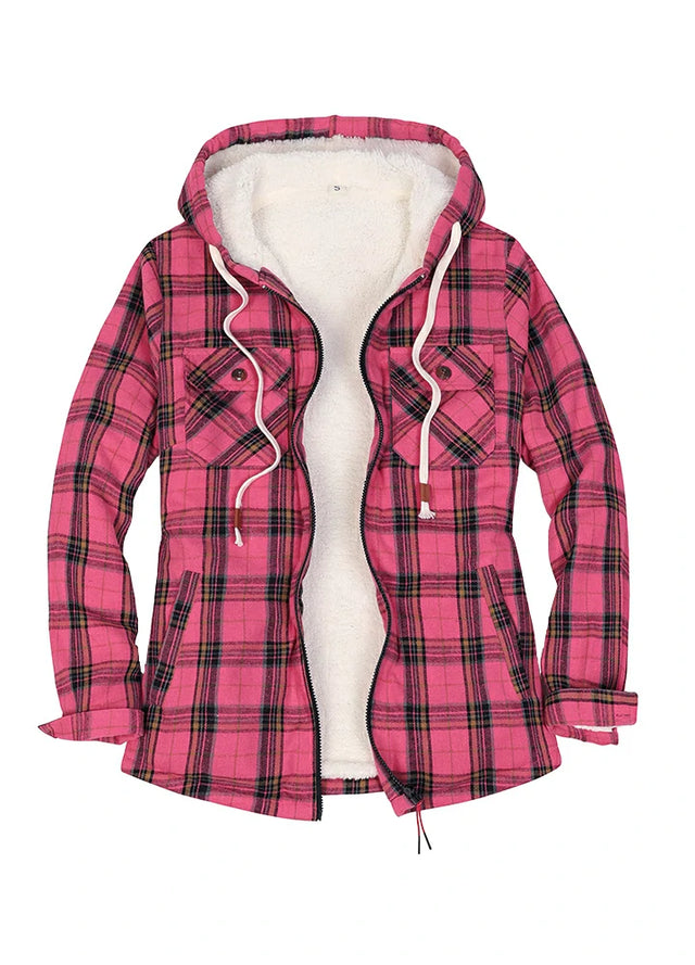 Front view of a women's sherpa lined rose red plaid flannel hooded jacket
