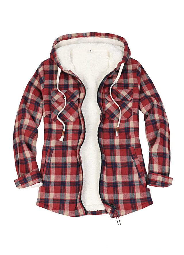 Front view of a women's sherpa lined burgundy plaid flannel hooded jacket