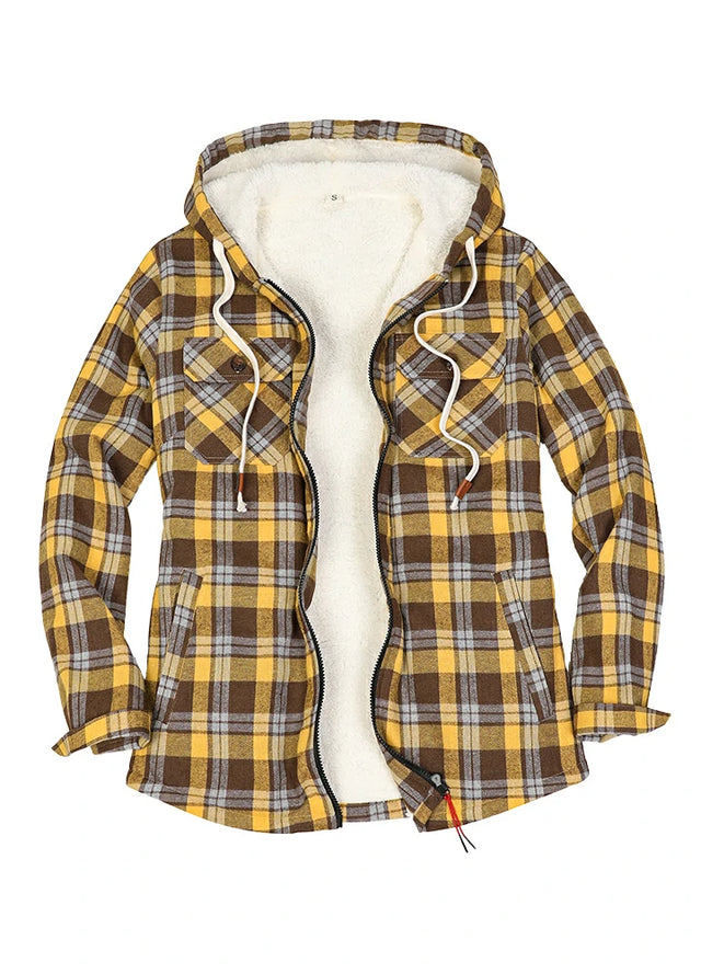 Front view of a women's sherpa lined yellow plaid flannel hooded jacket