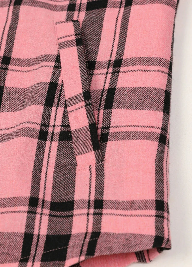 Zoomed-in of women's zip-up pink plaid hooded jacket hand pocket