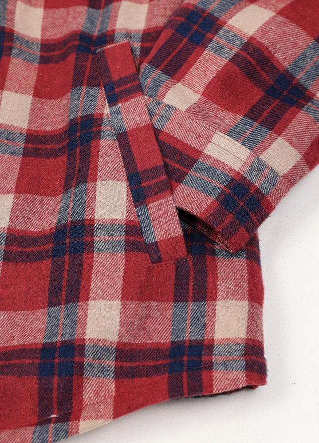 Zoomed-in of women's zip-up burgundy plaid hooded jacket hand pocket