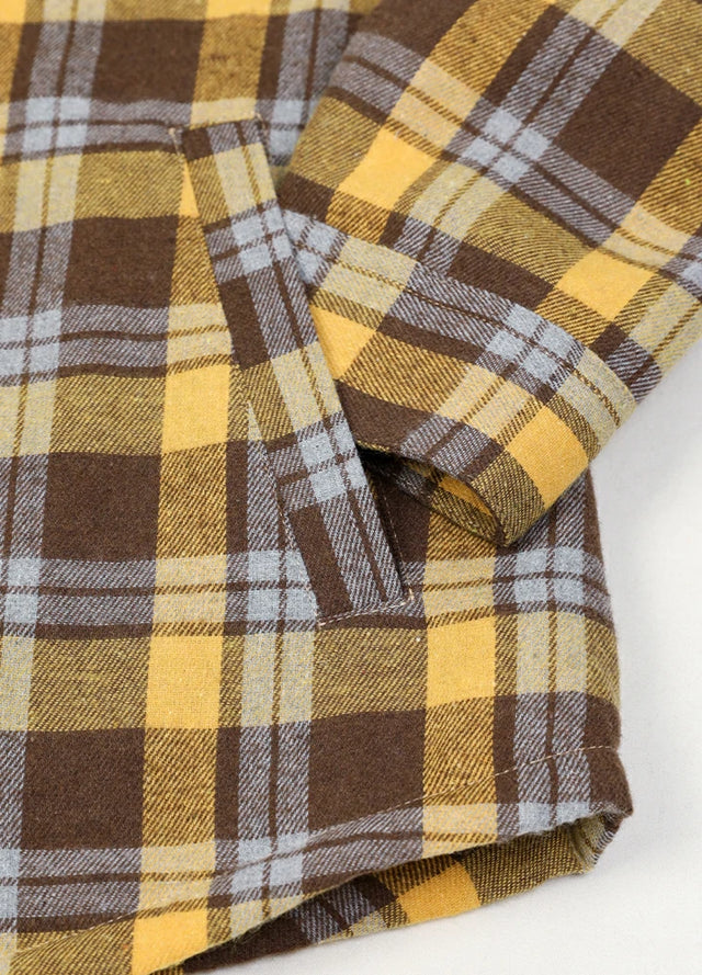 Zoomed-in of women's zip-up yellow plaid hooded jacket hand pocket